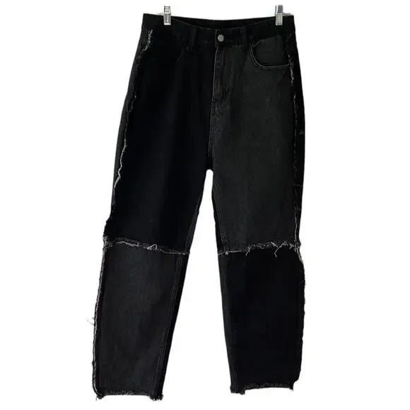 Shein 2 Tone Patch Distressed Black & Dark Denim Ultra High Rise Jeans - Picture 1 of 15